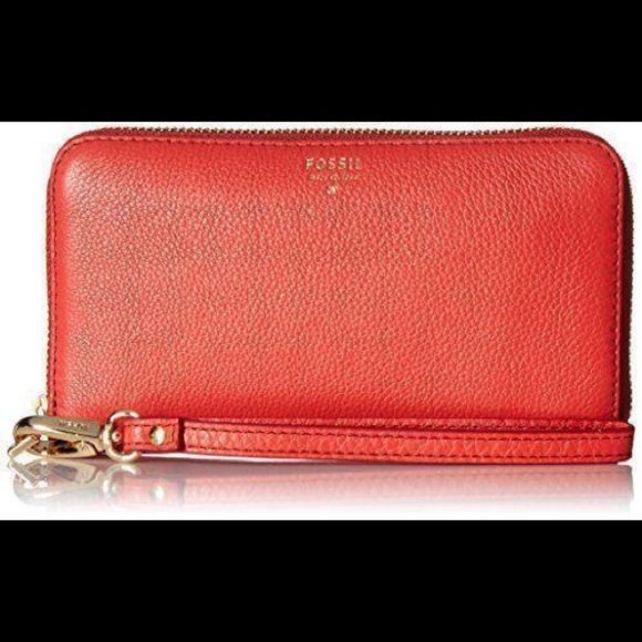 Fossil Sydney Zip Phone Leather Wallet Wristlet in Coral - Picture 1 of 12